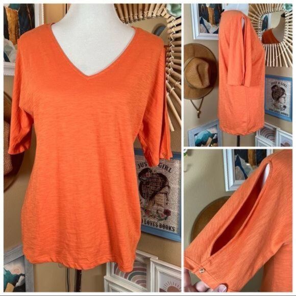 Jones New York Slub Knit V-NECK Short Sleeve Slit Orange T-Shirt Sz Small - Picture 1 of 10